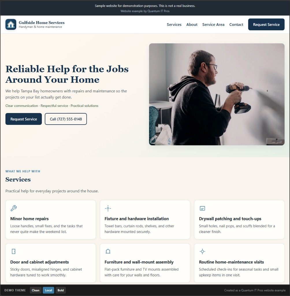 Desktop screenshot of the Bayline Home Maintenance demonstration website (fictional business)