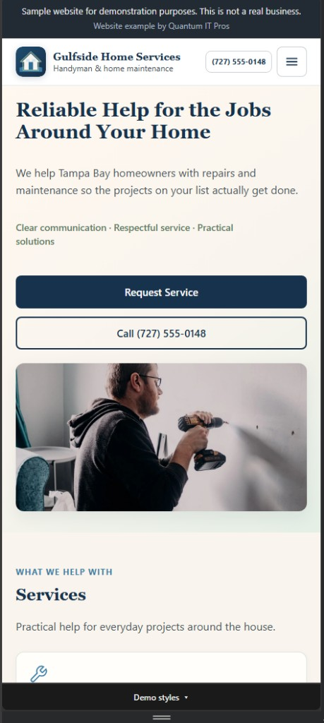 Mobile screenshot of the Bayline Home Maintenance demonstration website (fictional business)